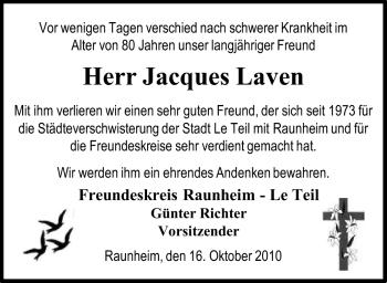 Traueranzeige von Jacques Laven von Rüsselsheimer Echo, Groß-Gerauer-Echo, Ried Echo