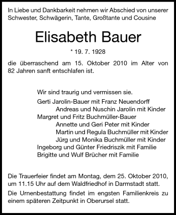 Traueranzeige von Elisabeth Bauer von Darmstädter Echo, Odenwälder Echo, Rüsselsheimer Echo, Groß-Gerauer-Echo, Ried Echo