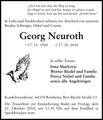 Traueranzeige von Georg Neuroth von Darmstädter Echo, Odenwälder Echo, Rüsselsheimer Echo, Groß-Gerauer-Echo, Ried Echo Traueranzeige von Georg Neuroth von Darmstädter Echo, Odenwälder Echo, Rüsselsheimer Echo, Groß-Gerauer-Echo, Ried Echo