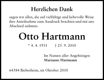 Traueranzeige von Otto Hartmann von Rüsselsheimer Echo, Groß-Gerauer-Echo, Ried Echo