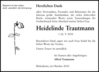 Traueranzeige von Heidelinde Trautmann von Darmstädter Echo, Odenwälder Echo, Rüsselsheimer Echo, Groß-Gerauer-Echo, Ried Echo
