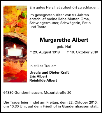 Traueranzeige von Margarethe Albert von Echo-Zeitungen (Gesamtausgabe)
