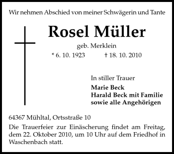 Traueranzeige von Rosel Müller von Darmstädter Echo, Odenwälder Echo, Rüsselsheimer Echo, Groß-Gerauer-Echo, Ried Echo