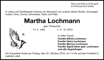 Traueranzeige von Martha Lochmann von Rüsselsheimer Echo, Groß-Gerauer-Echo, Ried Echo
