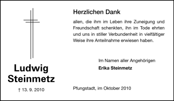 Traueranzeige von Ludwig Steinmetz von Echo-Zeitungen (Gesamtausgabe)