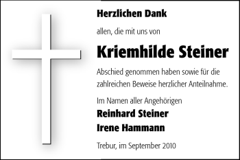 Traueranzeige von Kriemhilde Steiner von Rüsselsheimer Echo, Groß-Gerauer-Echo, Ried Echo