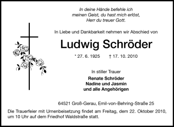 Traueranzeige von Ludwig Schröder von Rüsselsheimer Echo, Groß-Gerauer-Echo, Ried Echo