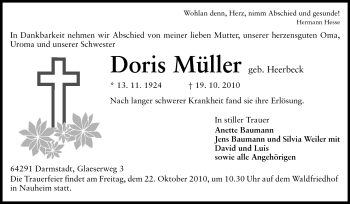 Traueranzeige von Doris Müller von Darmstädter Echo, Odenwälder Echo, Rüsselsheimer Echo, Groß-Gerauer-Echo, Ried Echo