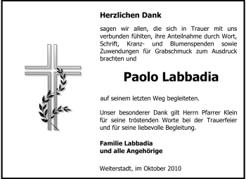 Traueranzeige von Paolo Labbadia von Echo-Zeitungen (Gesamtausgabe)