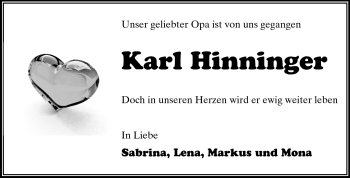 Traueranzeige von Karl Hinninger von Odenwälder Echo