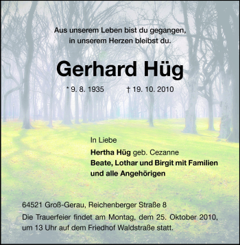 Traueranzeige von Gerhard Hüg von Rüsselsheimer Echo, Groß-Gerauer-Echo, Ried Echo