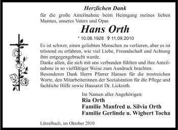 Traueranzeige von Hans Orth von Odenwälder Echo
