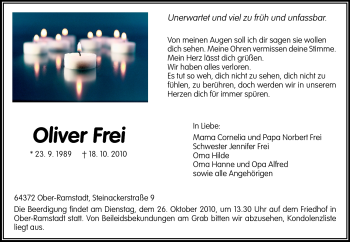 Traueranzeige von Oliver Frei von Darmstädter Echo, Odenwälder Echo, Rüsselsheimer Echo, Groß-Gerauer-Echo, Ried Echo