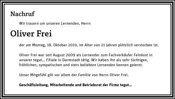 Traueranzeige von Oliver Frei von Echo-Zeitungen (Gesamtausgabe)