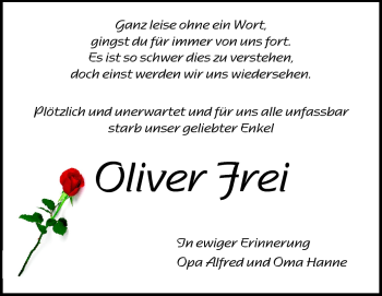 Traueranzeige von Oliver Frei von Darmstädter Echo, Odenwälder Echo, Rüsselsheimer Echo, Groß-Gerauer-Echo, Ried Echo