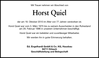 Traueranzeige von Horst Quiel von Odenwälder Echo