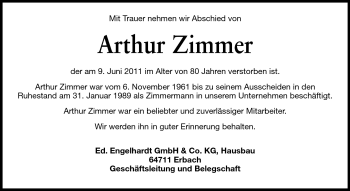 Traueranzeige von Arthur Zimmer  von Odenwälder Echo