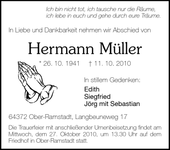 Traueranzeige von Hermann Müller von Darmstädter Echo, Odenwälder Echo, Rüsselsheimer Echo, Groß-Gerauer-Echo, Ried Echo