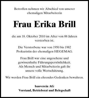 Traueranzeige von Erika Brill von Echo-Zeitungen (Gesamtausgabe)