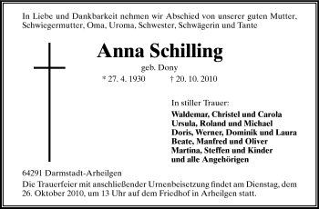 Traueranzeige von Anna Schilling von Darmstädter Echo, Odenwälder Echo, Rüsselsheimer Echo, Groß-Gerauer-Echo, Ried Echo