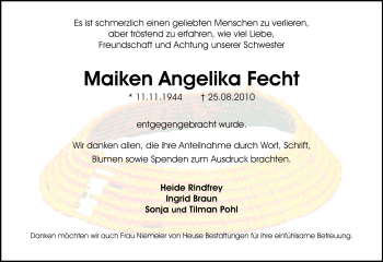 Traueranzeige von Maiken Angelika Fecht von Echo-Zeitungen (Gesamtausgabe)