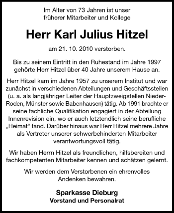 Traueranzeige von Karl Julius Hitzel von Darmstädter Echo, Odenwälder Echo, Rüsselsheimer Echo, Groß-Gerauer-Echo, Ried Echo