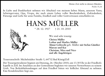Traueranzeige von Hans Müller von Odenwälder Echo