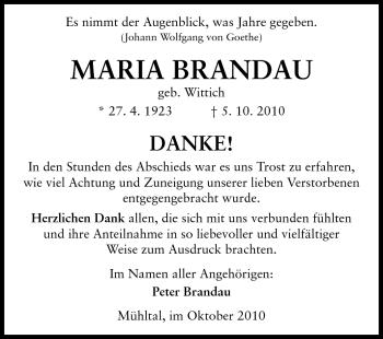 Traueranzeige von Maria Brandau von Darmstädter Echo, Odenwälder Echo, Rüsselsheimer Echo, Groß-Gerauer-Echo, Ried Echo