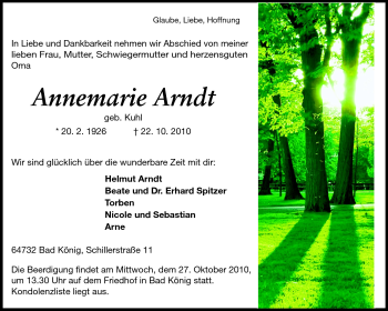 Traueranzeige von Annemarie Arndt von Odenwälder Echo