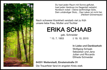 Traueranzeige von Erika Schaab von Darmstädter Echo, Odenwälder Echo, Rüsselsheimer Echo, Groß-Gerauer-Echo, Ried Echo