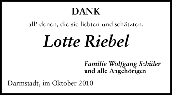 Traueranzeige von Lotte Riebel von Echo-Zeitungen (Gesamtausgabe)