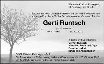Traueranzeige von Gerdi Runtsch von Darmstädter Echo, Odenwälder Echo, Rüsselsheimer Echo, Groß-Gerauer-Echo, Ried Echo
