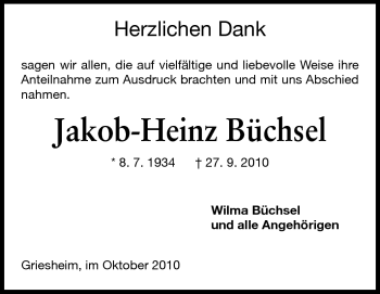 Traueranzeige von Jakob-Heinz Büchsel von Echo-Zeitungen (Gesamtausgabe)