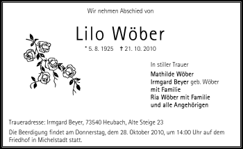 Traueranzeige von Lilo Wöber von Odenwälder Echo