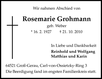 Traueranzeige von Rosemarie Grohmann von Rüsselsheimer Echo, Groß-Gerauer-Echo, Ried Echo