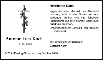 Traueranzeige von Antonie Lien-Koch von Odenwälder Echo