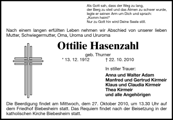Traueranzeige von Ottlilie Hasenzahl von Rüsselsheimer Echo, Groß-Gerauer-Echo, Ried Echo