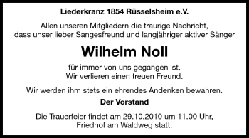 Traueranzeige von Wilhelm Noll von Rüsselsheimer Echo, Groß-Gerauer-Echo, Ried Echo