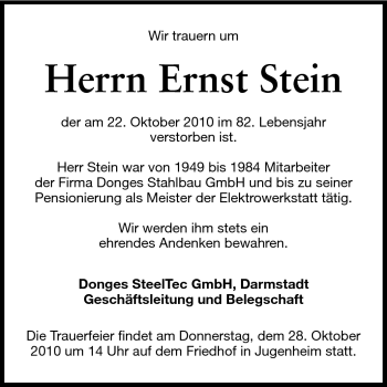 Traueranzeige von Ernst Stein von Echo-Zeitungen (Gesamtausgabe)