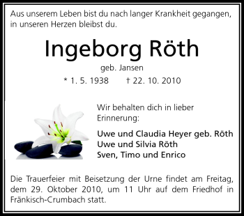 Traueranzeige von Ingeborg Röth von Odenwälder Echo