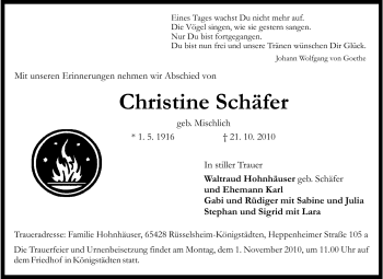 Traueranzeige von Christine Schäfer von Rüsselsheimer Echo, Groß-Gerauer-Echo, Ried Echo