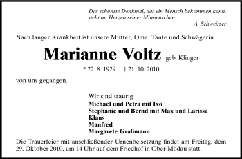 Traueranzeige von Marianne Voltz von Darmstädter Echo, Odenwälder Echo, Rüsselsheimer Echo, Groß-Gerauer-Echo, Ried Echo