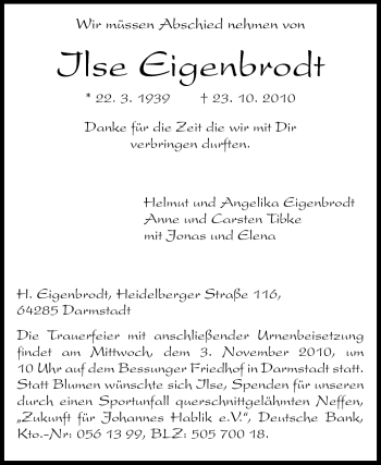 Traueranzeige von Ilse Eigenbrodt von Darmstädter Echo, Odenwälder Echo, Rüsselsheimer Echo, Groß-Gerauer-Echo, Ried Echo