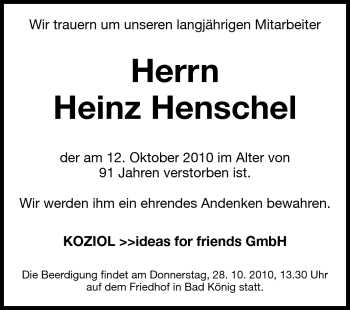 Traueranzeige von Heinz Henschel von Odenwälder Echo