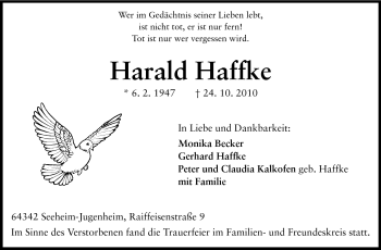 Traueranzeige von Harald Haffke von Darmstädter Echo, Odenwälder Echo, Rüsselsheimer Echo, Groß-Gerauer-Echo, Ried Echo