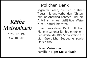 Traueranzeige von Kätha Meisenbach von Darmstädter Echo, Odenwälder Echo, Rüsselsheimer Echo, Groß-Gerauer-Echo, Ried Echo