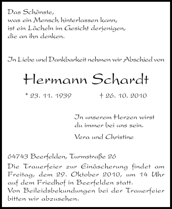 Traueranzeige von Hermann Schardt von Odenwälder Echo