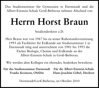 Traueranzeige von Horst Braun von Darmstädter Echo, Odenwälder Echo, Rüsselsheimer Echo, Groß-Gerauer-Echo, Ried Echo