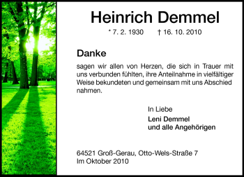 Traueranzeige von Heinrich Demmel von Rüsselsheimer Echo, Groß-Gerauer-Echo, Ried Echo