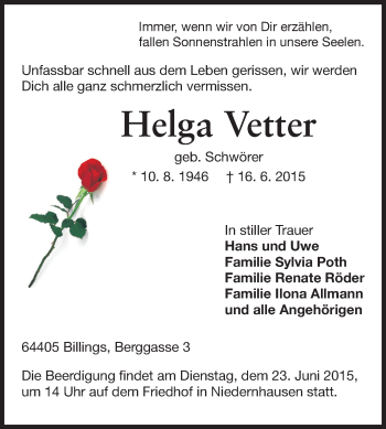 Traueranzeige von Helga Vetter von Echo-Zeitungen (Gesamtausgabe)